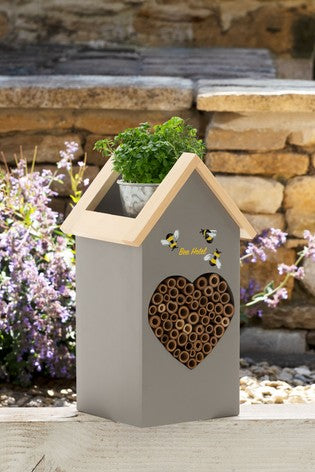 Bee Hotel - Grey including Heart Shaped detail and Planter