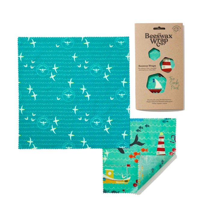 Beeswax Wrap Co Sea Print Reusable Beeswax Food Wraps - Two Combo Pack. Zero Waste. Eco friendly. Natural.