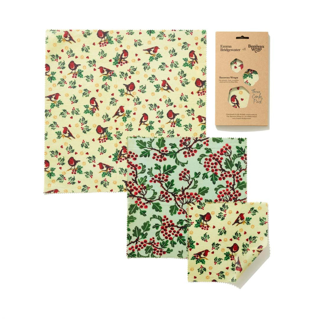 Christmas Emma Bridgewater Robin Print Reusable Beeswax Food Wraps - Three Combo Pack. Zero Waste. Eco friendly. Natural.